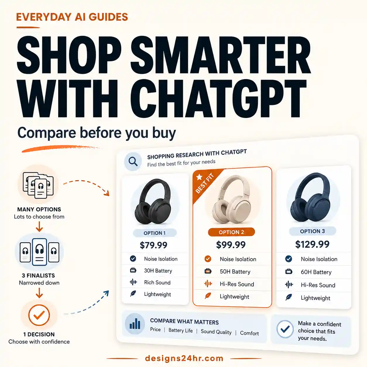 ChatGPT Shopping Research guide showing a three-product comparison before buying