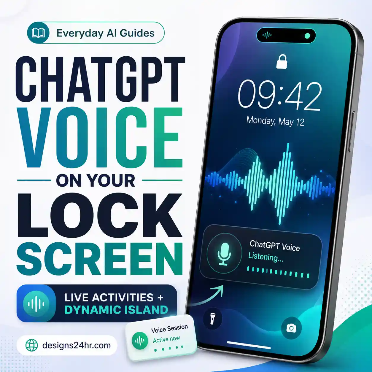 Illustrated smartphone showing ChatGPT Voice Live Activities on the iPhone Lock Screen and Dynamic Island