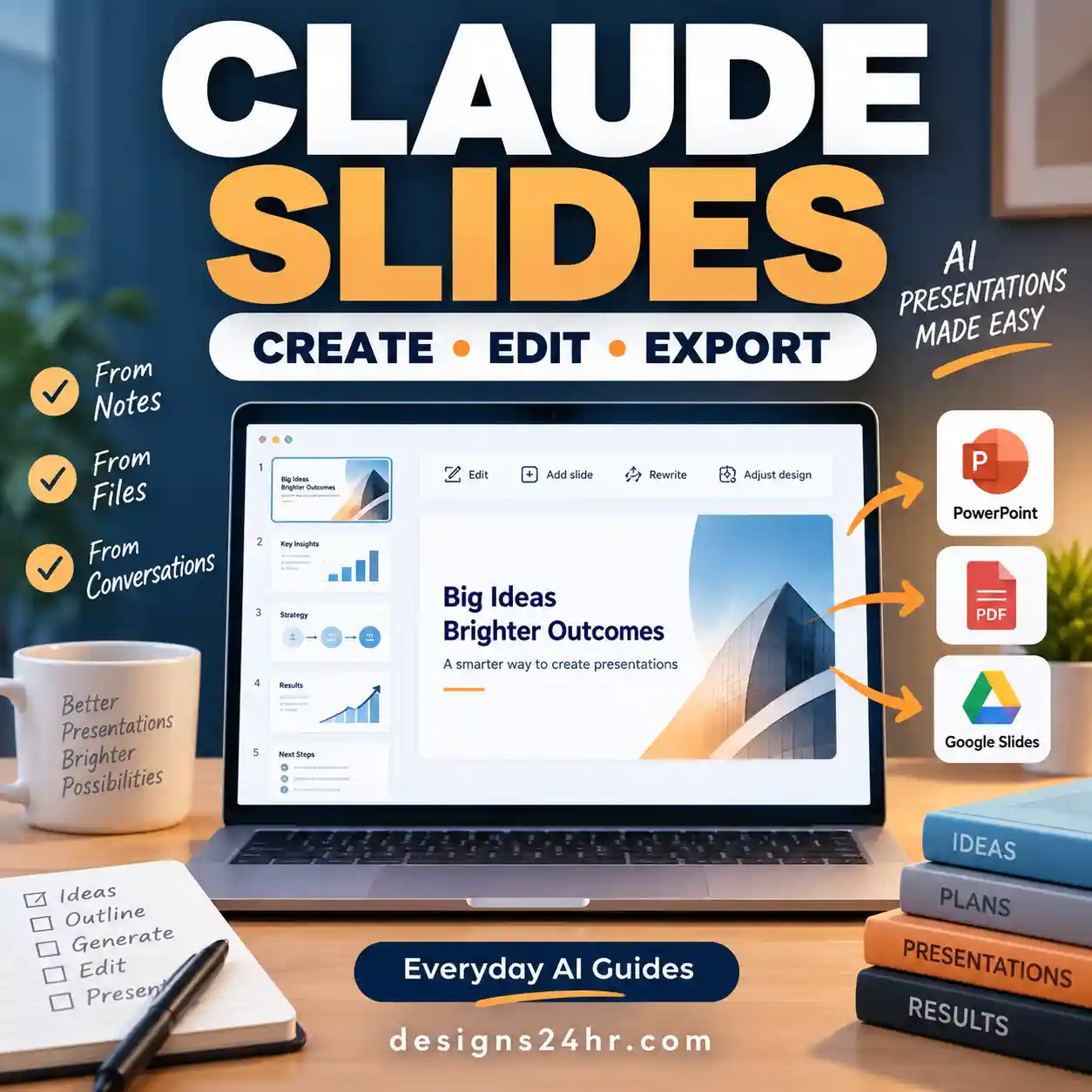 Claude Slides guide showing AI presentation slides for creating, editing and exporting presentations