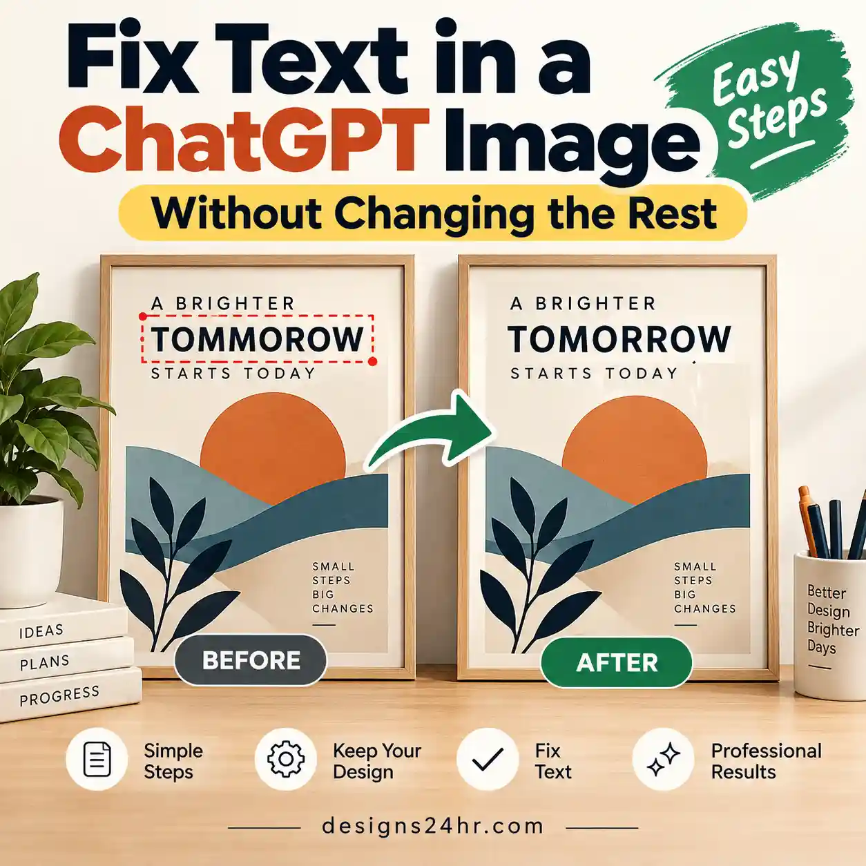 Before-and-after example showing misspelled text corrected in a ChatGPT-generated poster while preserving the original design.