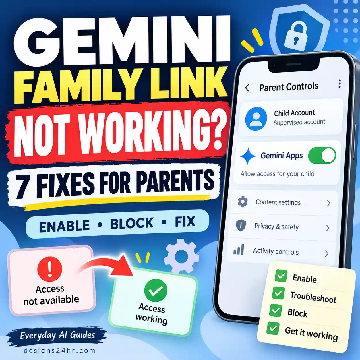 Gemini Family Link not working troubleshooting guide showing parental controls and Gemini Apps access settings