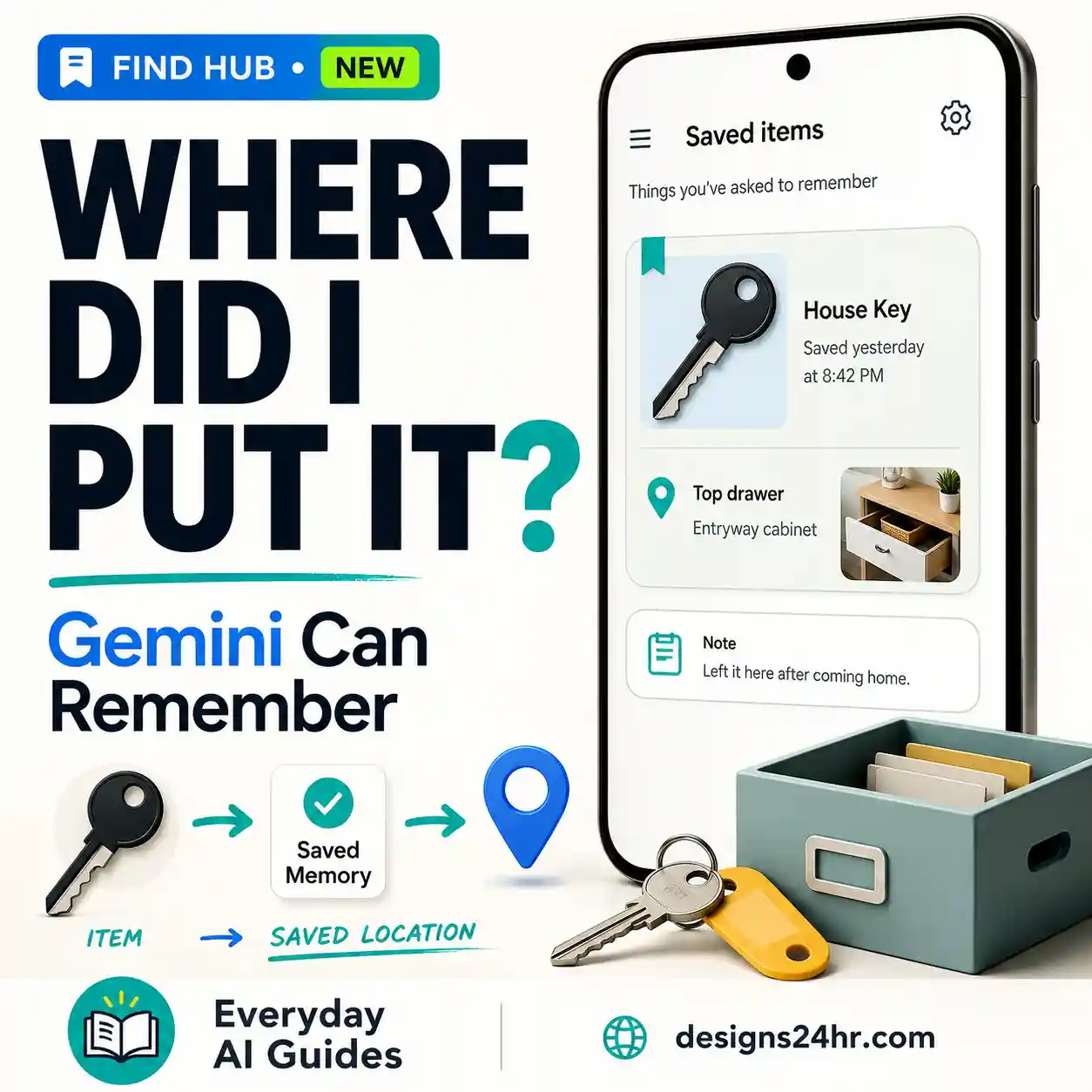 Gemini Find Hub remembered items guide showing an item location saved for later
