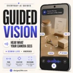 Gemini Live Guided Vision guide showing a phone camera with audio guidance for identifying objects on Android.