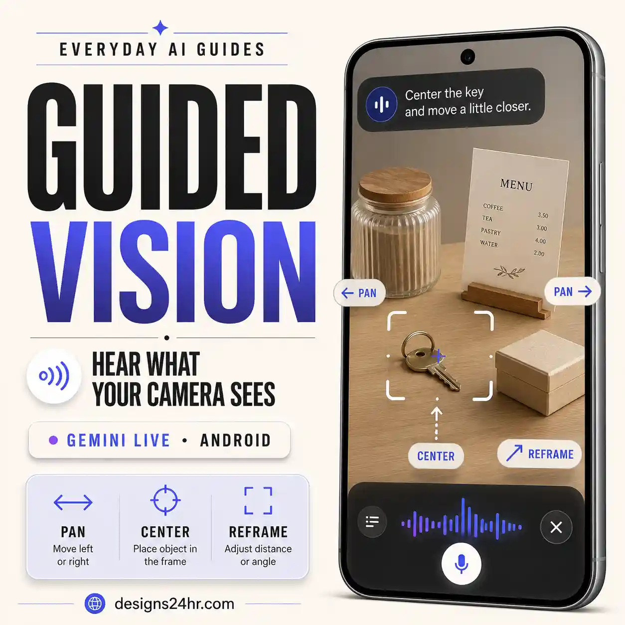 Gemini Live Guided Vision guide showing a phone camera with audio guidance for identifying objects on Android.