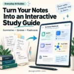 Gemini Notebook interactive learning overview with study notes, quizzes, flashcards, and a learning summary