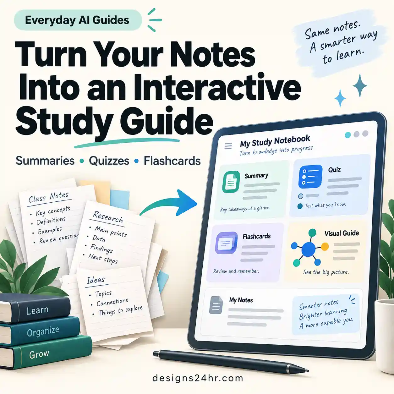 Gemini Notebook interactive learning overview with study notes, quizzes, flashcards, and a learning summary