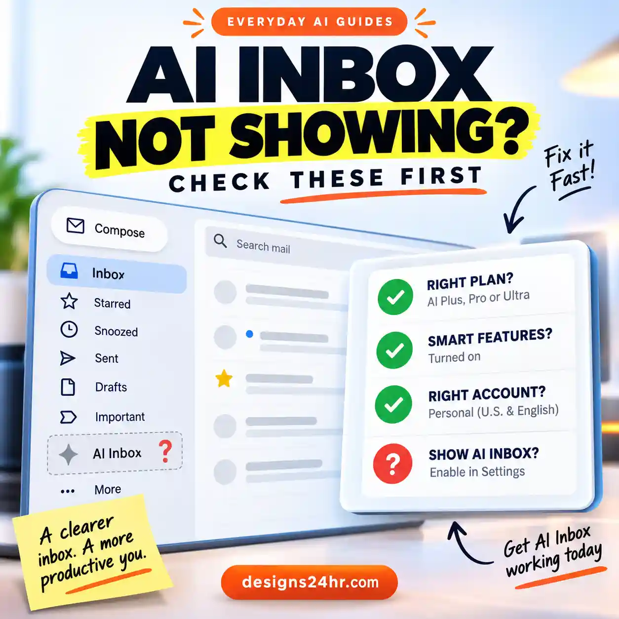 Gmail AI Inbox not showing troubleshooting guide with inbox settings and missing access checks
