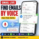 Gmail Live guide showing a generic inbox, microphone and voice search finding an important email.