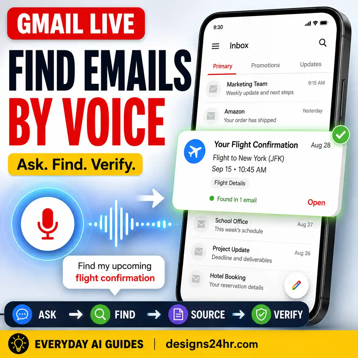 Gmail Live guide showing a generic inbox, microphone and voice search finding an important email.