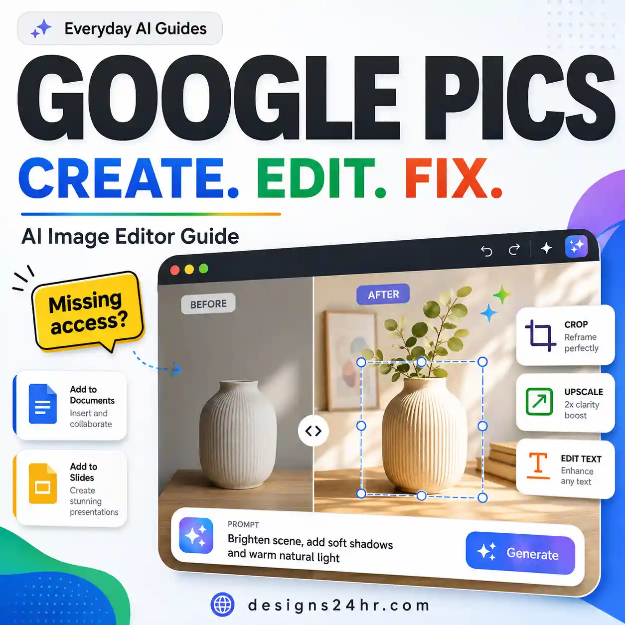 Google Pics AI image editor guide showing image generation, object editing, text editing and access troubleshooting