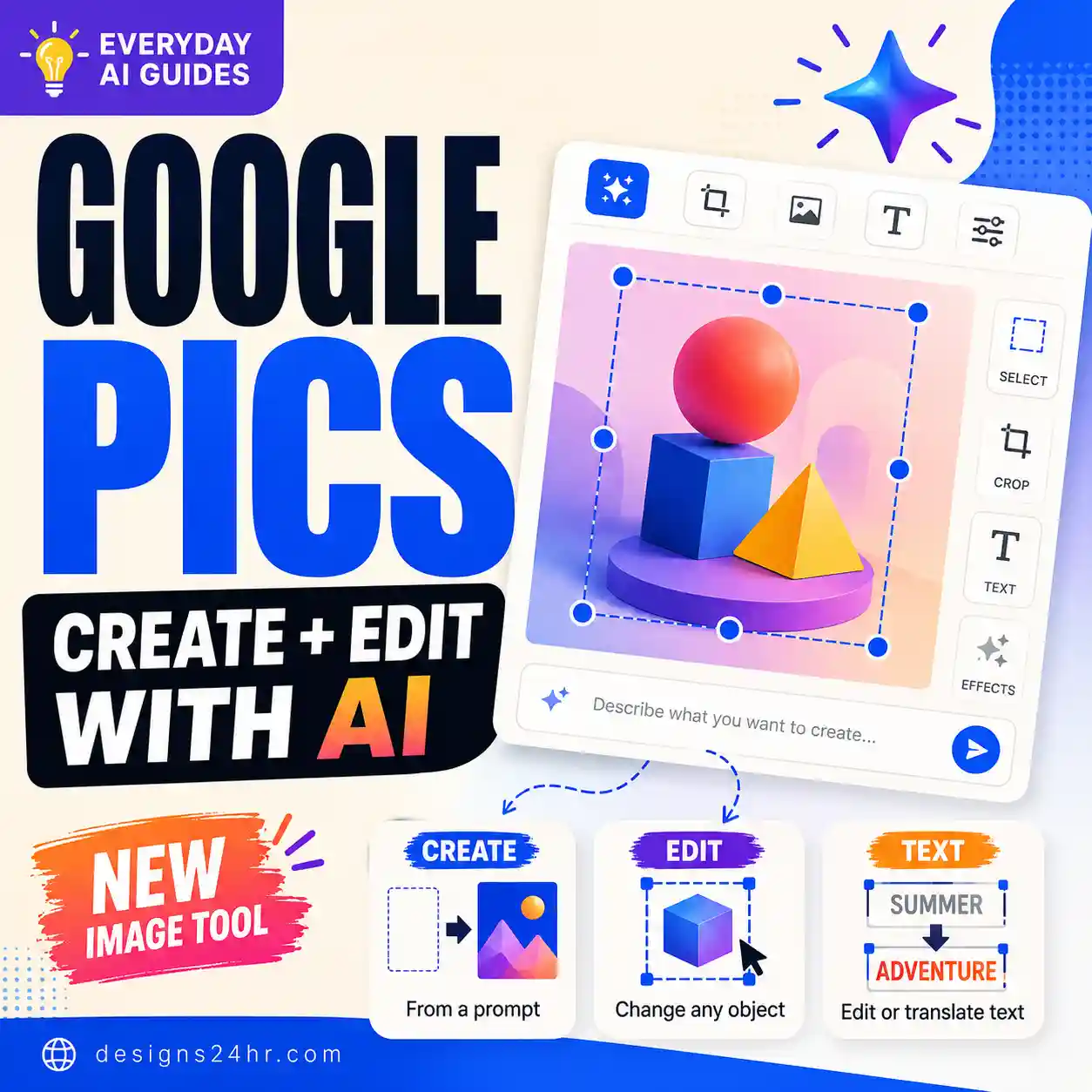 Google Pics AI image editor guide showing a generic image canvas with prompt-based creation and editing tools