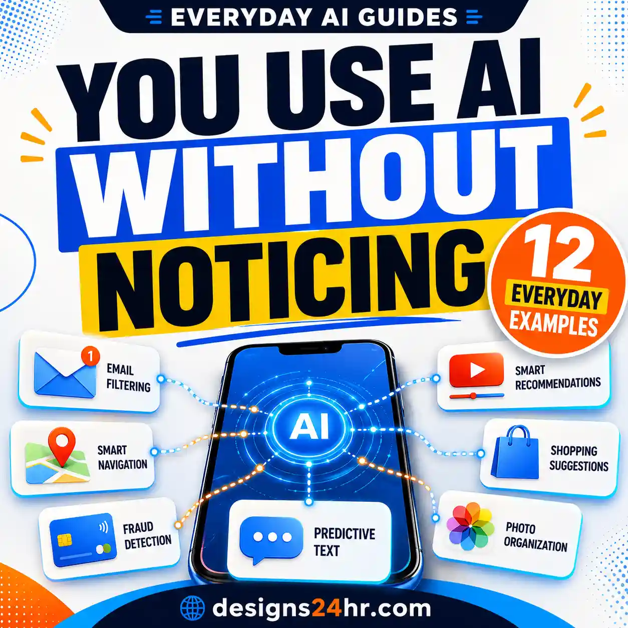 Invisible AI in everyday life thumbnail showing a phone, email, maps, payment and recommendation symbols with the text You Use AI Without Noticing.