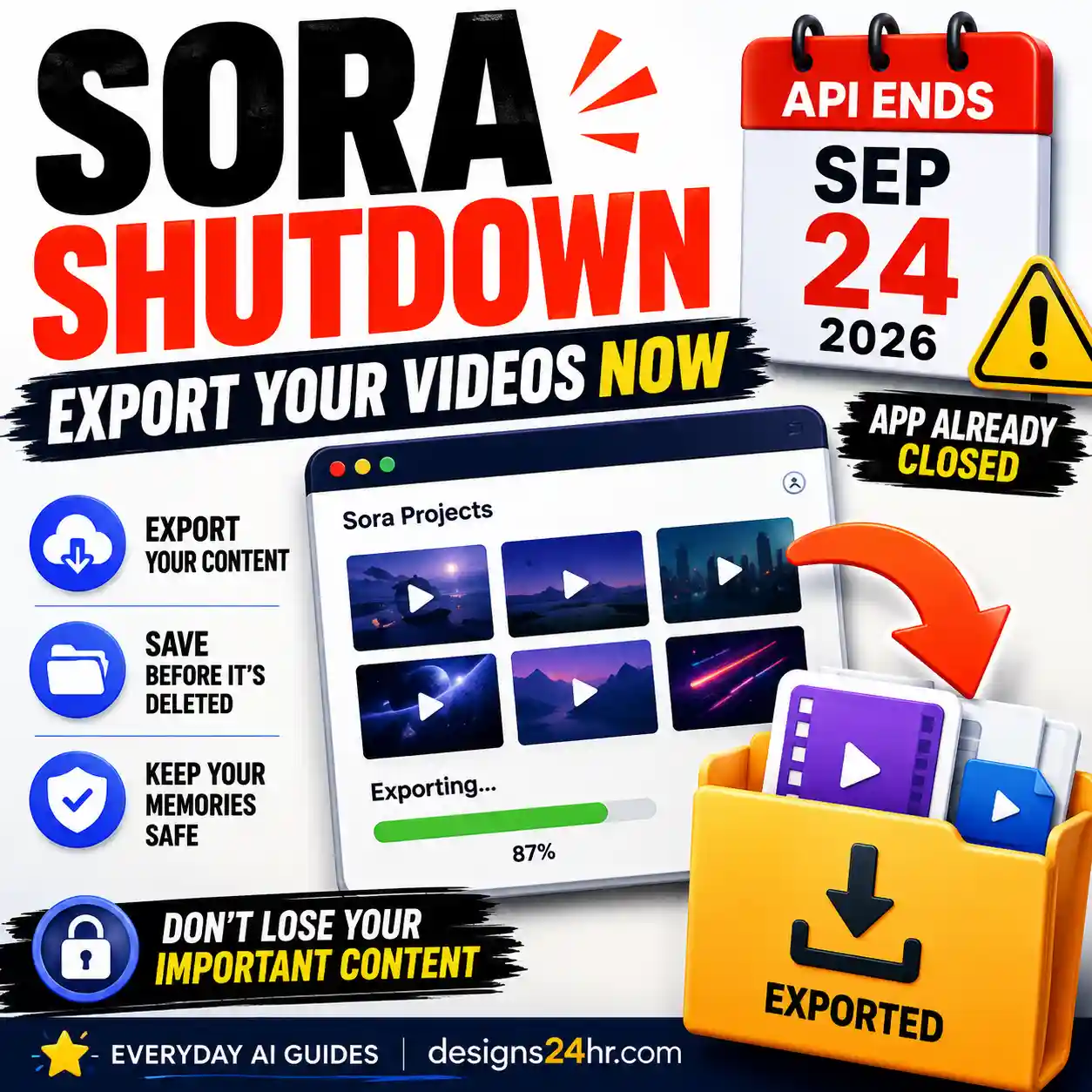 Sora shutdown guide showing video export, data deletion warning and the September 24, 2026 API shutdown date