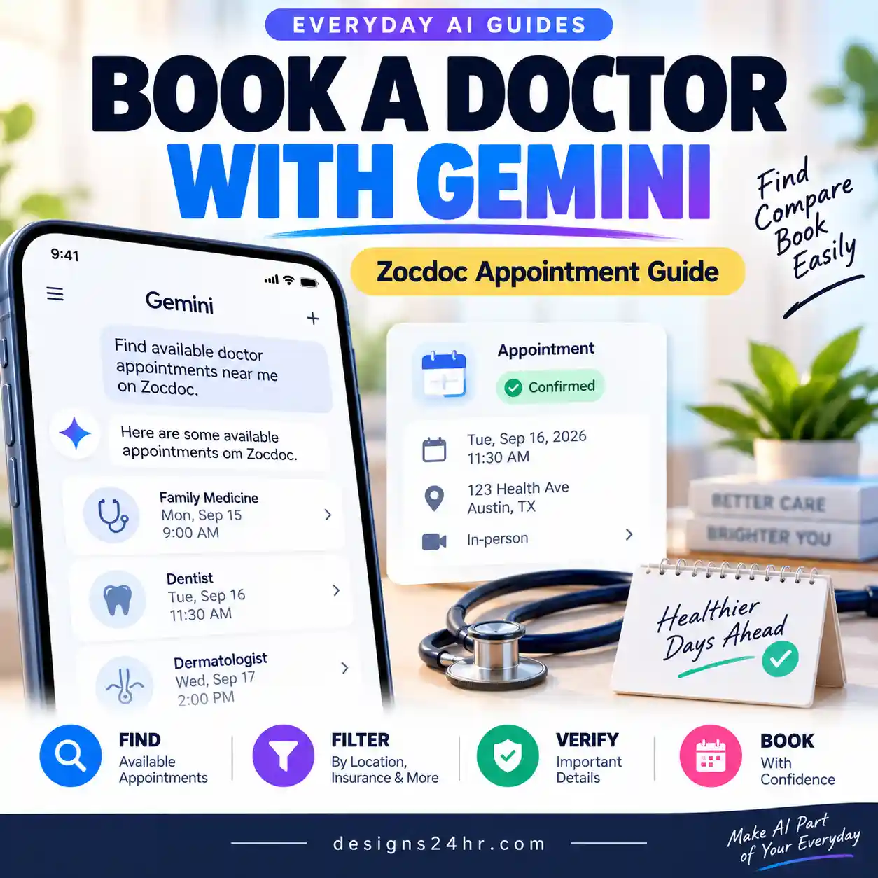 Zocdoc in Gemini guide showing an AI chat, appointment calendar, location pin and available doctor booking time slots