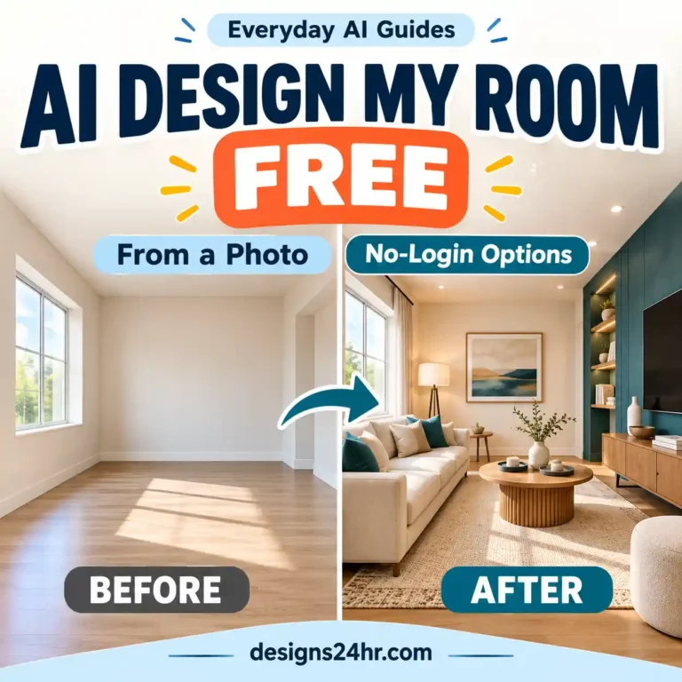 AI design my room free guide showing an original room before and after an AI-inspired interior redesign