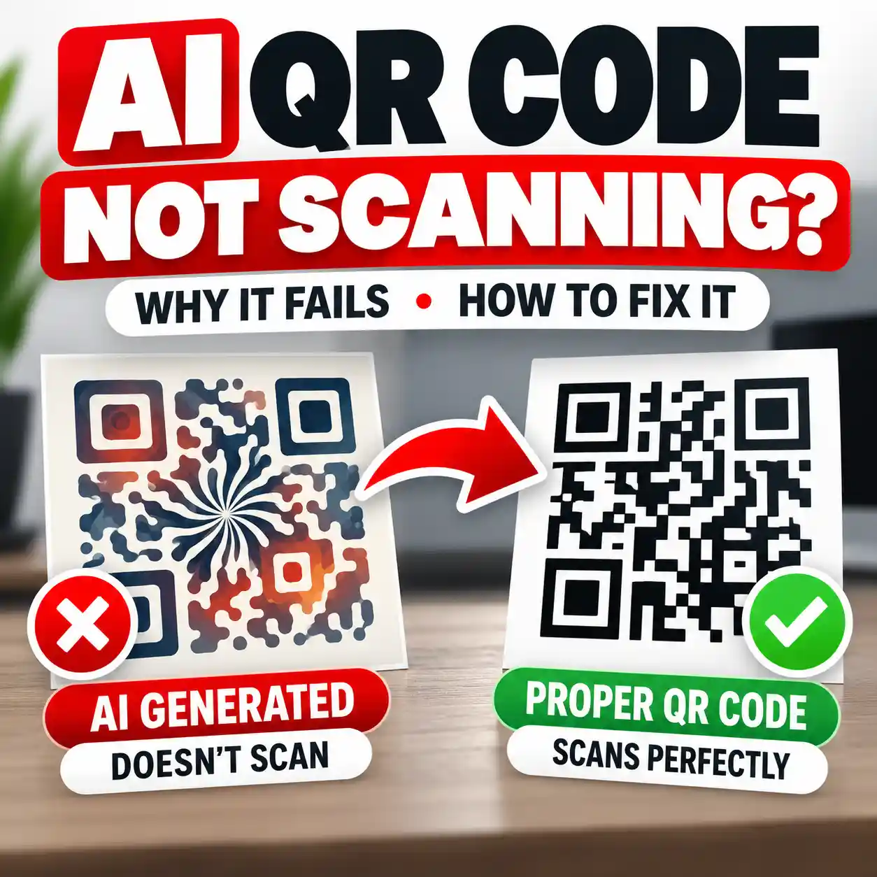 Illustration comparing an AI-generated QR code that may not scan with a functional QR code.