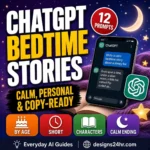 ChatGPT bedtime story thumbnail showing a phone chat on an open storybook under a crescent moon, with a 12 prompts badge