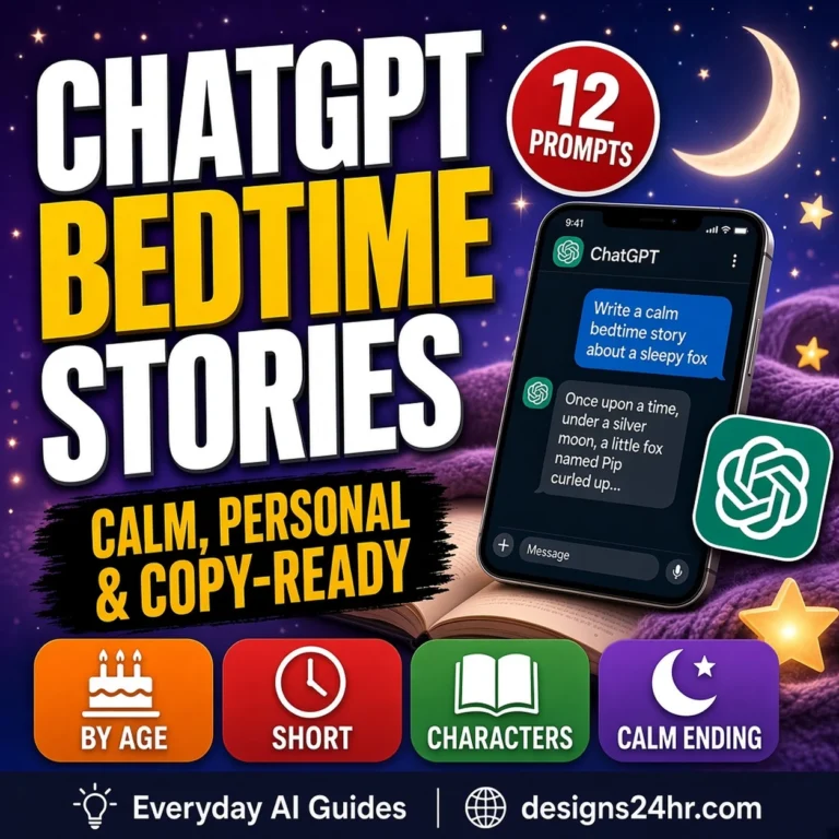 ChatGPT bedtime story thumbnail showing a phone chat on an open storybook under a crescent moon, with a 12 prompts badge