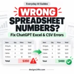 ChatGPT spreadsheet wrong numbers example showing incorrect totals and corrected Excel data