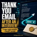 Thank you email after an interview: laptop with a glowing Send button, cream envelope with gold seal, and headline for 5 copy-ready examples plus a ChatGPT prompt.