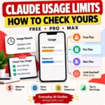 Claude usage limits guide showing where to check the 5-hour session and weekly limit in Settings, plus Free, Pro and Max plans