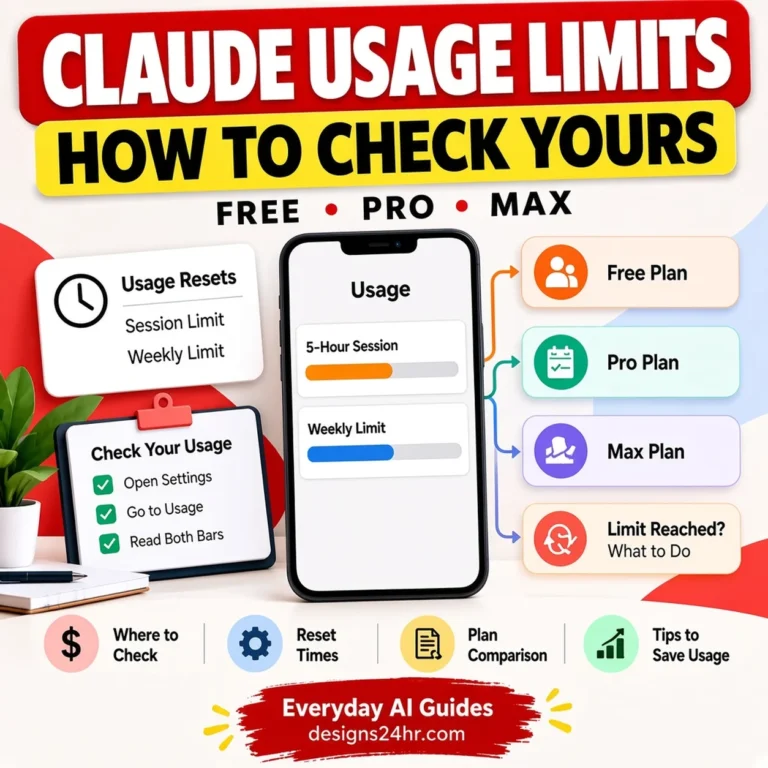 Claude usage limits guide showing where to check the 5-hour session and weekly limit in Settings, plus Free, Pro and Max plans