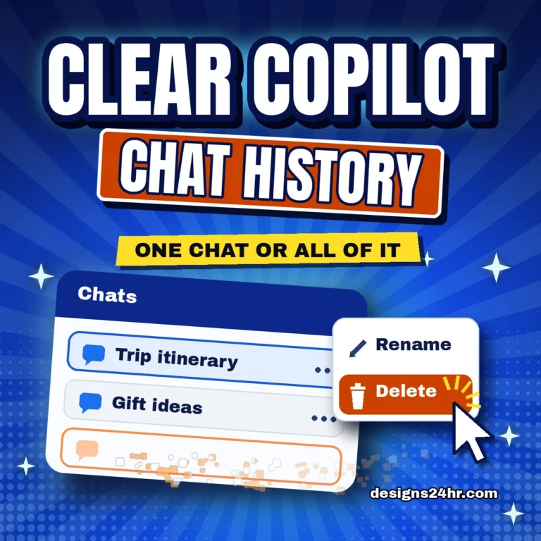 How to delete Copilot chat history thumbnail: a Chats panel with Trip itinerary and Gift ideas rows and a cursor clicking Delete.