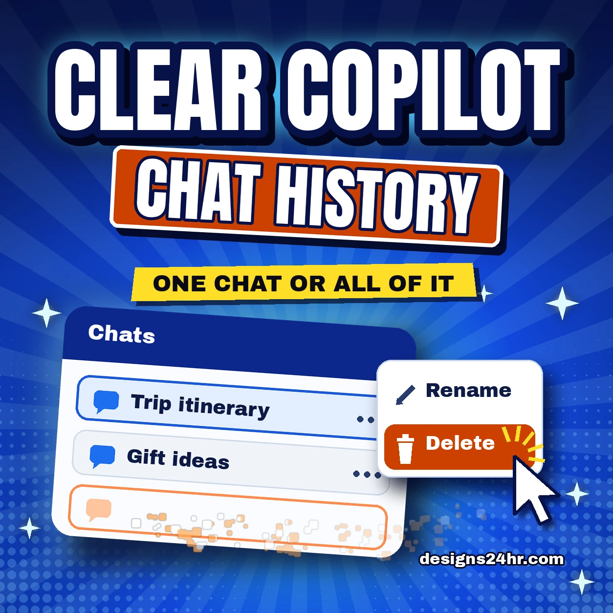 How to delete Copilot chat history thumbnail: a Chats panel with Trip itinerary and Gift ideas rows and a cursor clicking Delete.