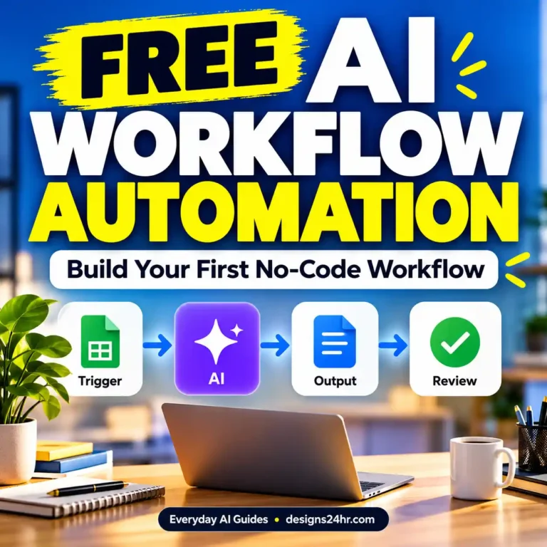 Free AI workflow automation guide showing a no-code process with connected tasks