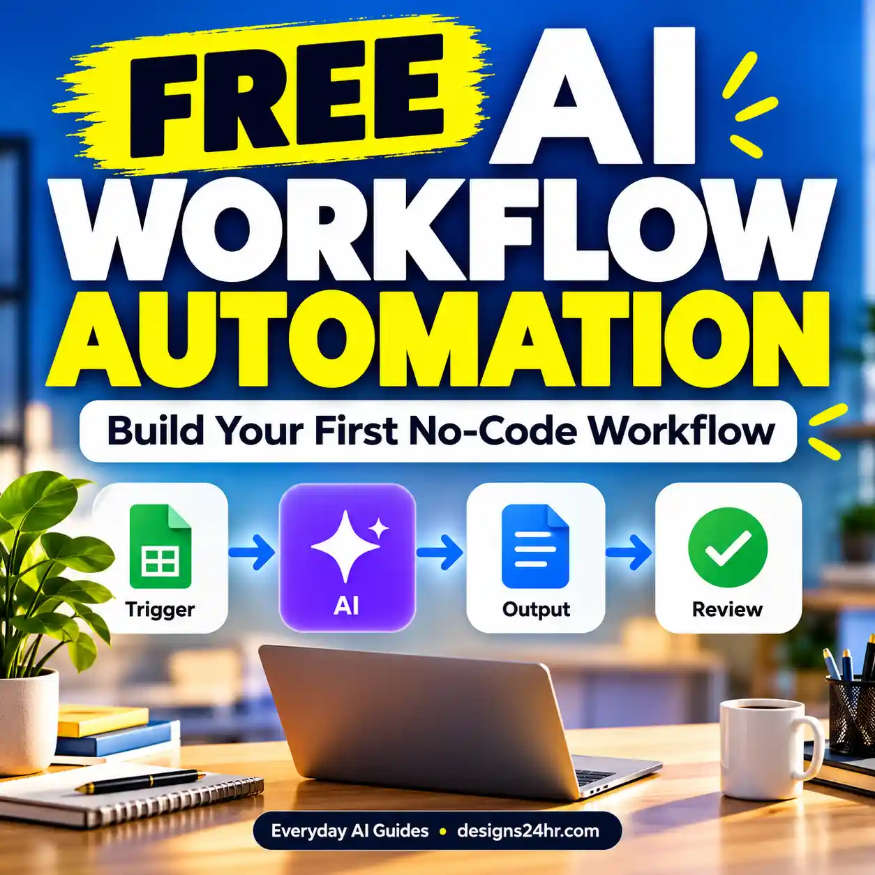 Free AI workflow automation guide showing a no-code process with connected tasks