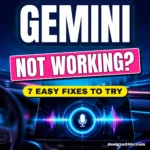 Gemini Android Auto not working thumbnail: a glowing car dashboard screen with a microphone and voice wave, with the hook 7 Easy Fixes to Try