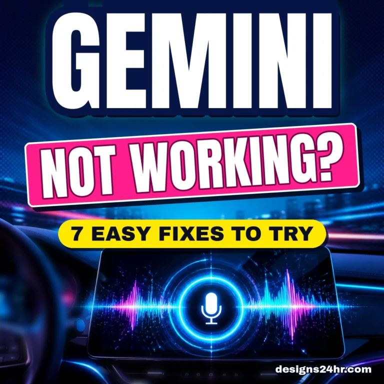 Gemini Android Auto not working thumbnail: a glowing car dashboard screen with a microphone and voice wave, with the hook 7 Easy Fixes to Try