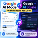 Google AI Mode vs Google AI Studio comparison showing AI search, Gemini model testing, and app building
