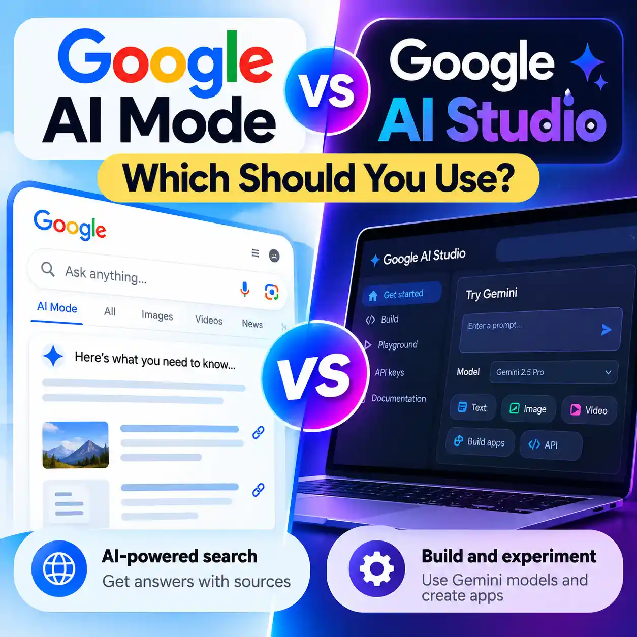 Google AI Mode vs Google AI Studio comparison showing AI search, Gemini model testing, and app building