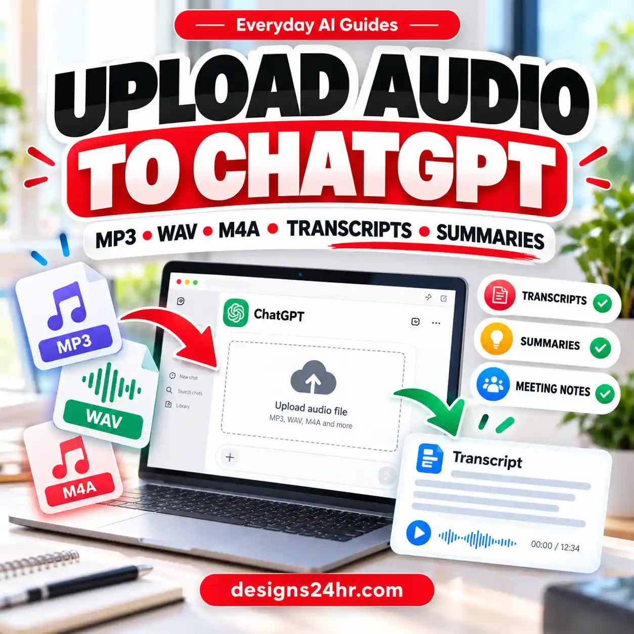 How to upload audio to ChatGPT using MP3 WAV and M4A files for transcription