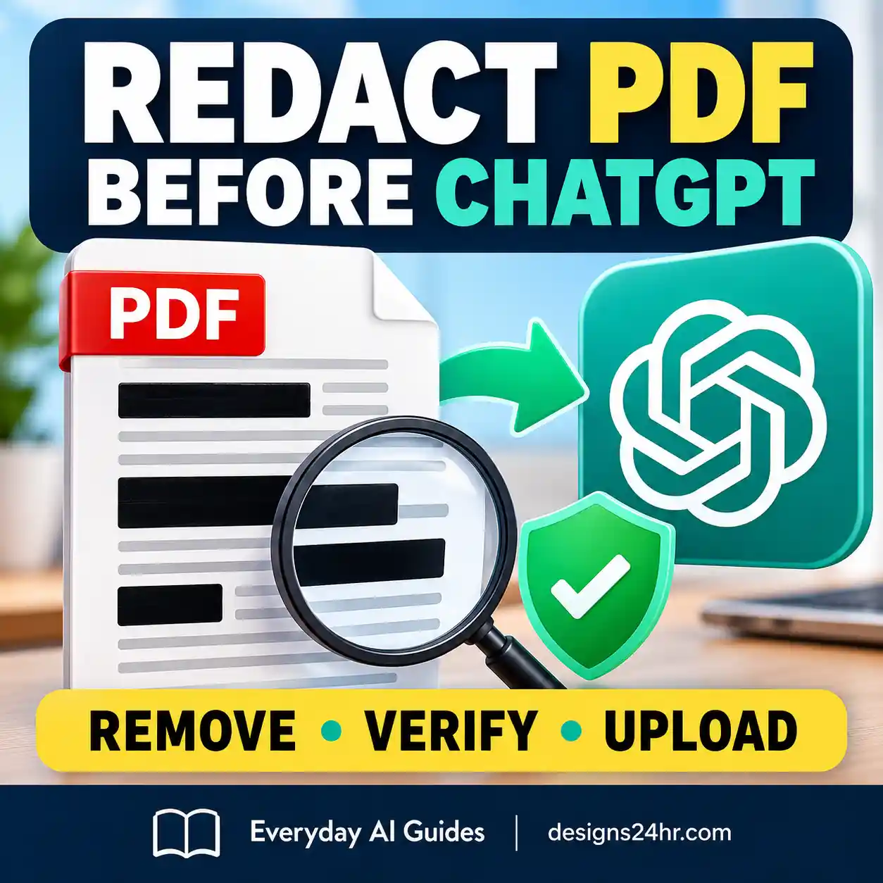 Illustration of PDF redaction steps before uploading a document to ChatGPT