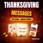 Happy Thanksgiving message ideas thumbnail: an open greeting card reading Thankful for you with autumn leaves and mini pumpkins, next to a phone showing Happy Thanksgiving.