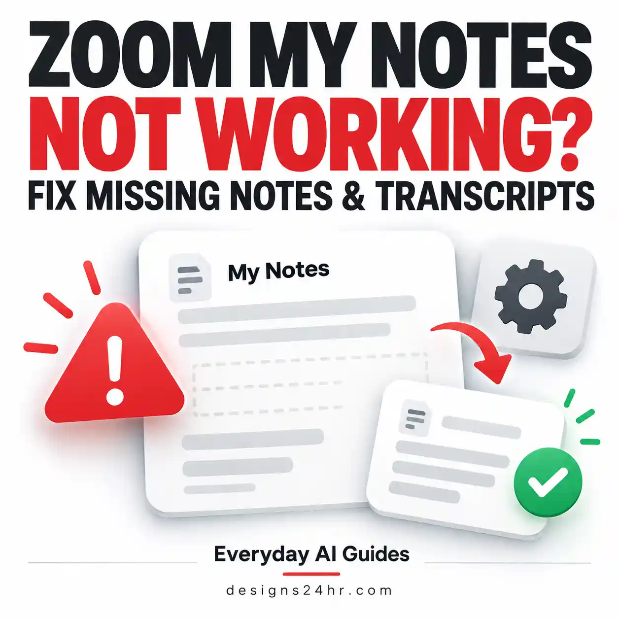Zoom My Notes not working troubleshooting illustration showing missing transcript and settings checks